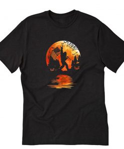 Bigfoot American Flag Moon Water Reflection Blood Moon Halloween T-Shirt PU27