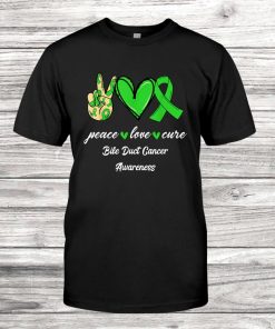 Peace Love Cure Green Ribbon Bile Duct Cancer Awareness Shirt AA